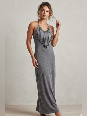POL Gray Fringe Maxi Halter Dress Beads Western Country Cowgirl Boho S Festival